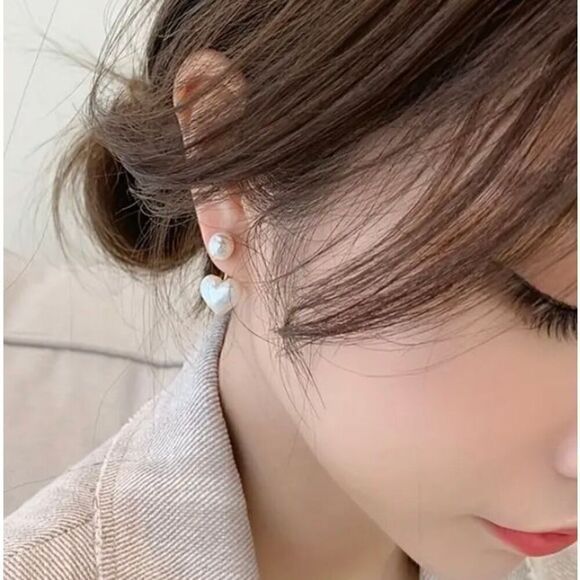 NWT Boho White Heart Shaped Faux Pearl Jacket Stud Earrings - Picture 6 of 6